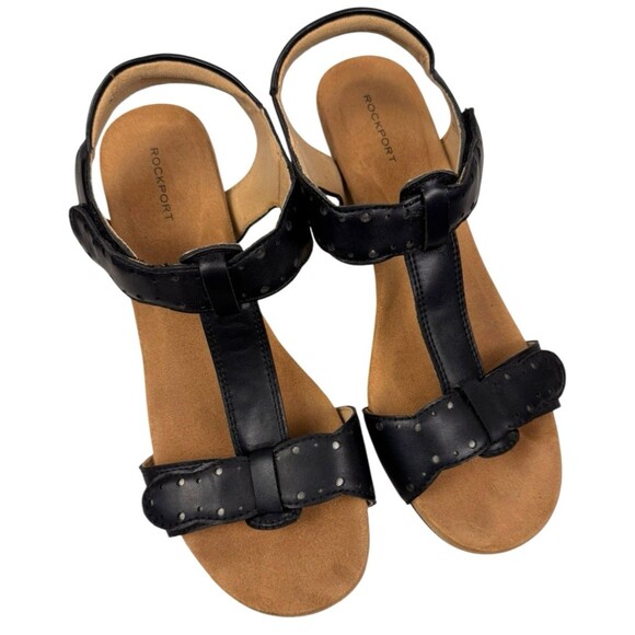 Rockport SANDAL Black Women's Size 8 T-STRAP Leather Wedge - Picture 1 of 13
